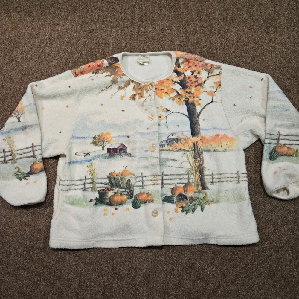 Artisans Vintage Autumn Harvest Fleece‎ Jacket XXL Pumpkin Barn Fall Scene USA